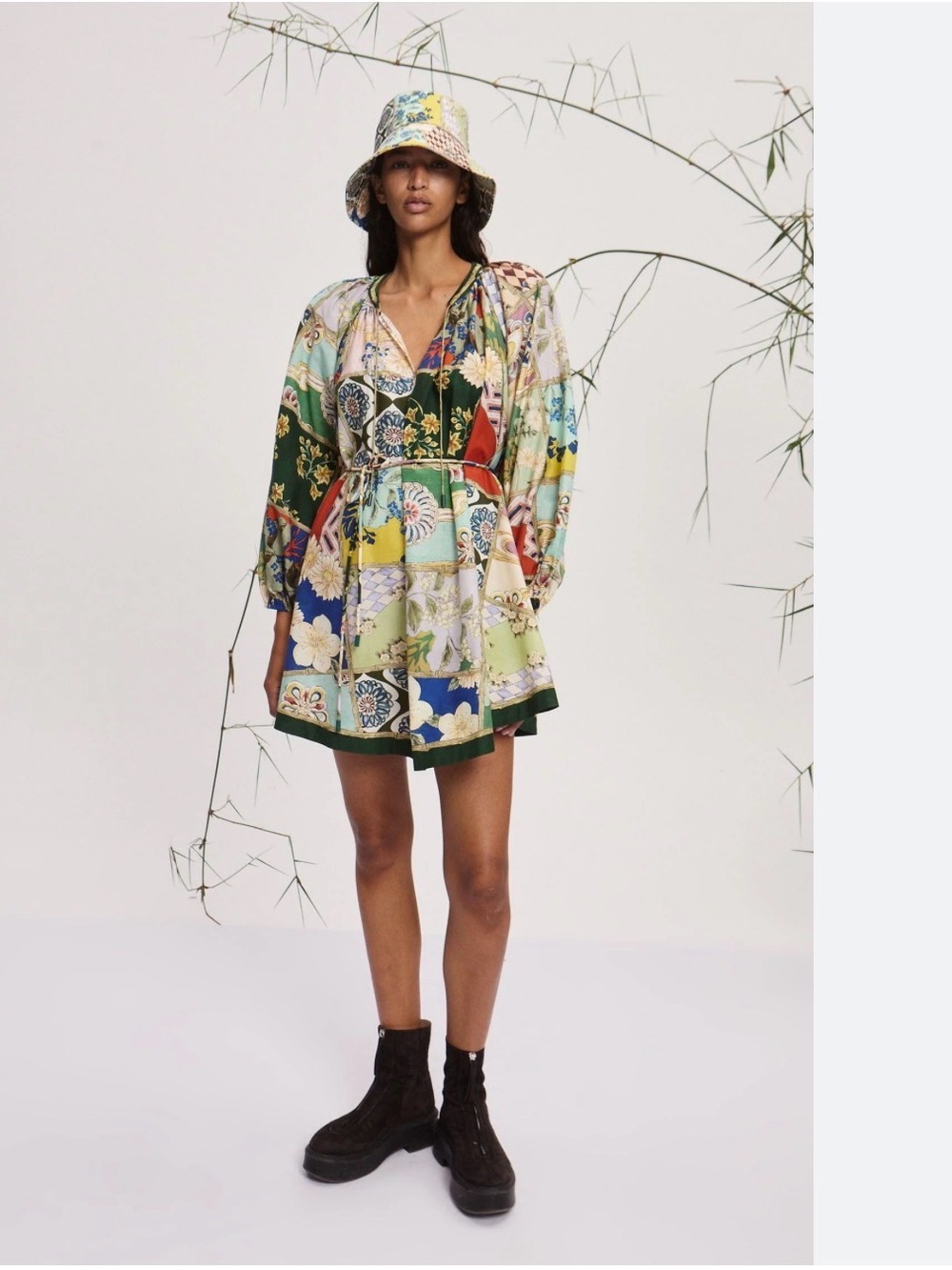 Alemais Multicolor Patchwork Mini Dress — Red, Blue, Green Accents